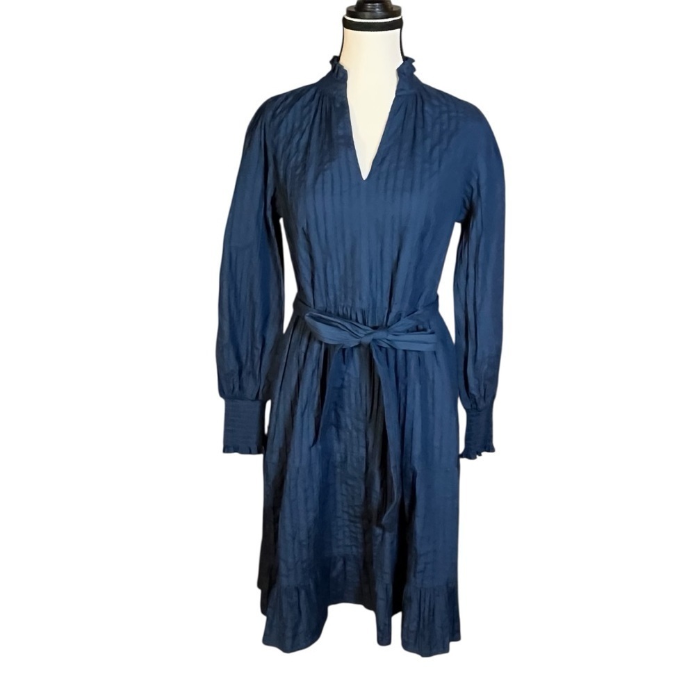 Elie Tahiri Pintuck Pleated Navy Midi Dress Women Size Medium Long Sleeve Poplin